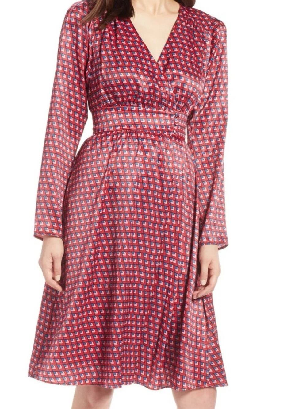 NEW Halogen Women’s Peacock Satin Long Sleeve Dress in Red Size 8